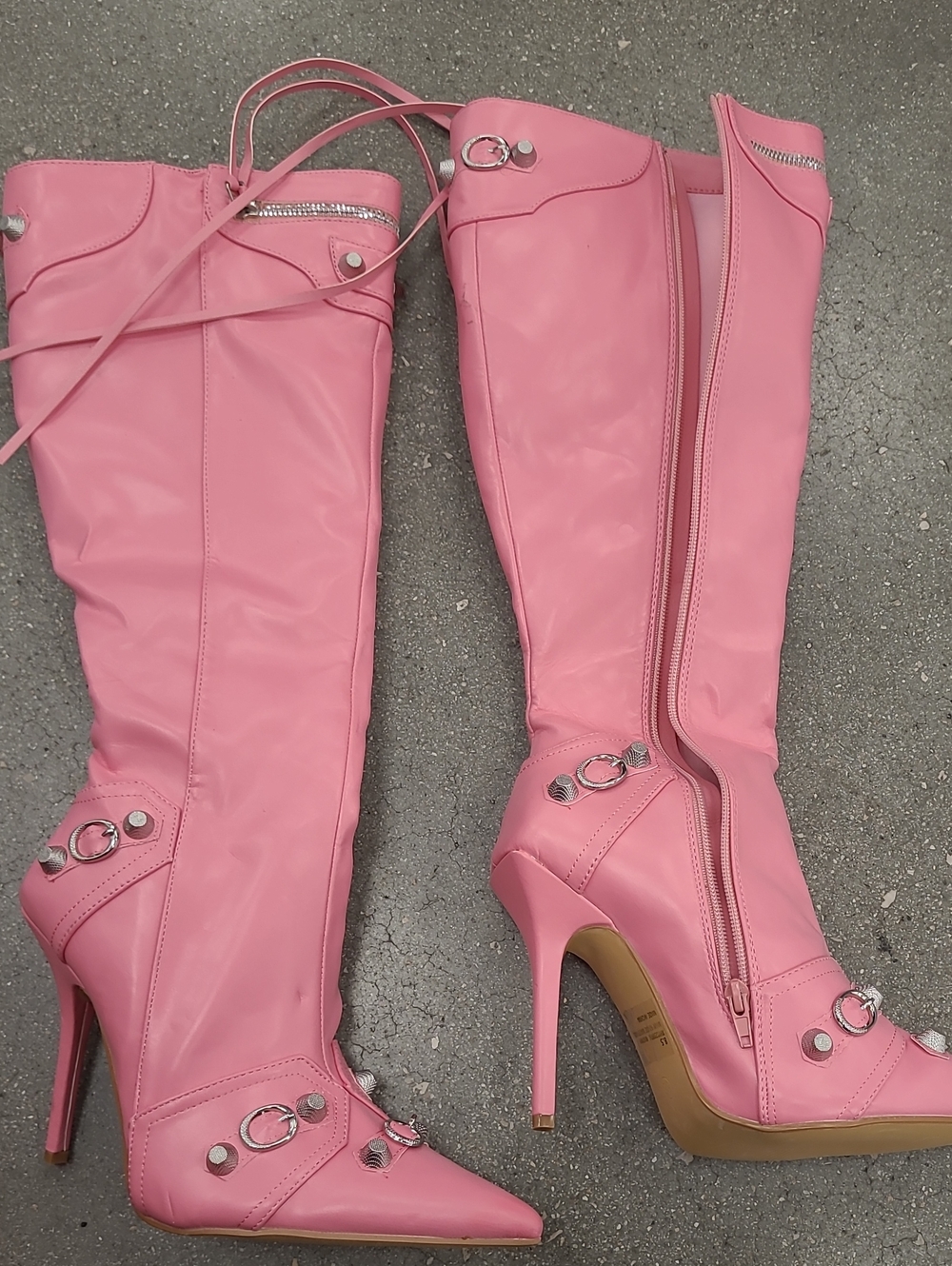 Pink Patent Leather Knee-High Boots with Buckles and Rhinestones